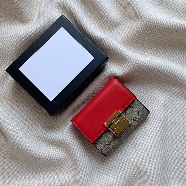 

exquisite metal buckle wallets genuine leather purses interior slot pocket short money clips with box, Red;black
