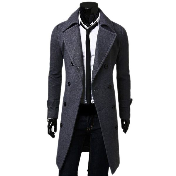

men's wool blends trench coat men's fashion long brand autumn jacket self-cultivation solid color men's coat double-breasted, Black