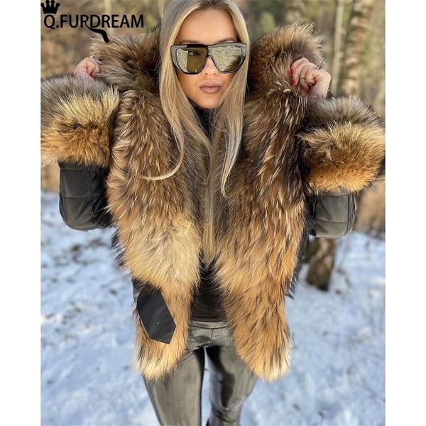 

women's fur faux real raccoon dog coat with large lapel collar genuine sheepskin garb winter warm down lining jackets 220928, Black
