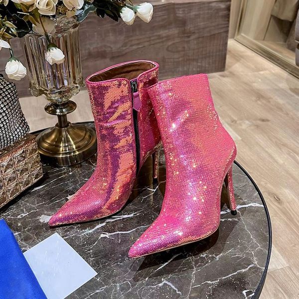 

fashion boots short boots party shoes high heels designer women 's pointed stiletto luxury night side zipper sequin shiny gold silver w, Black