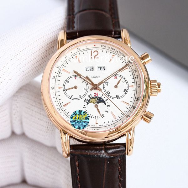 

complications 18k yellow gold mens watch swiss ch 29 -535 automatic chronograph white / blue / black dial perpetual calendar sapphire crysta, Slivery;brown