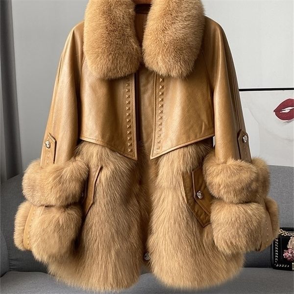 

womens fur faux fur genuine leather jacket womens winter sheepskin allinone down lining luxury coat women 220926, Black