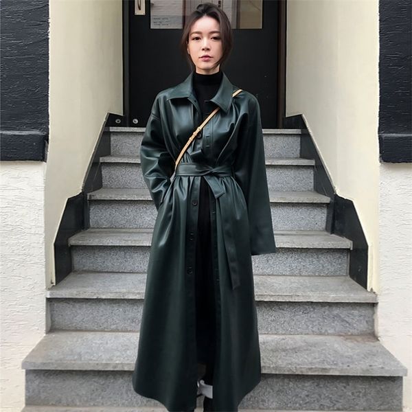 

women's leather faux autumn long women pu jackets turn down collar female trench coats with pockets single breasted belt 220928, Black
