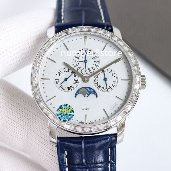 

43175 diamond mens watch tw factory stainless steel swiss cal.112qp automatic movement blue / white /black dial sapphire crystal moon phase, Slivery;brown