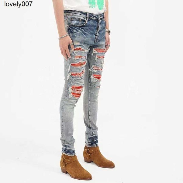 

dsigner men's jeans amirs patch hole slim jeans beggar pants casual pants men's loose, Blue