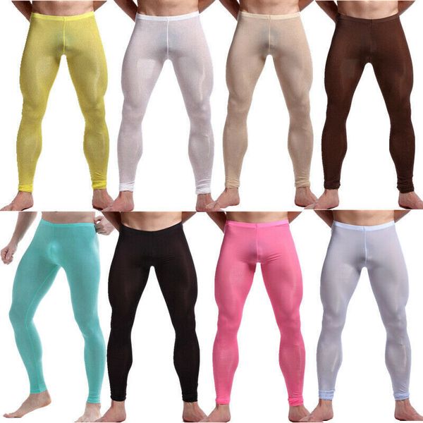 

men's thermal underwear mens sleep bottoms ice silk ultrathin transparent thermal pants cool leggings men long johns lounge tight pants, Black;white
