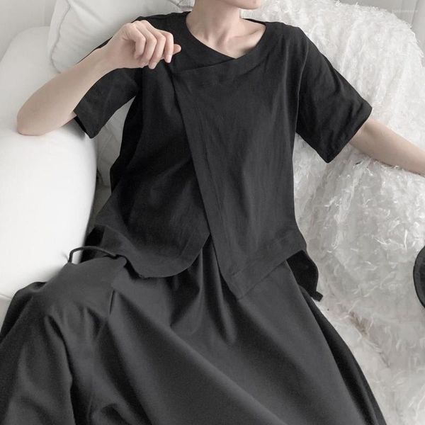

summer yamamoto dark wind t shirt yoji self-made v-neck irregular hem short-sleeved t-shirt harajuku y2k, White