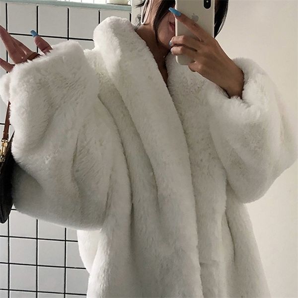 

women's fur faux white jacket winter oversized thick warm fluffy coat women loose casual stylish korean fashion streetwear 220928, Black