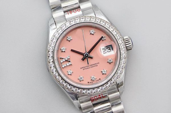 

women classic watches diamond size 28mm big magnifier gold dial mechanical sapphire mirror steel bracelet luxury ladies watch waterproof, Slivery;golden