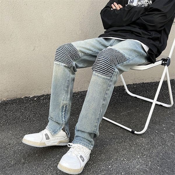 

men's jeans men vintage dilapidated biker fashion hip hop retro zipper for foot opening pleated straight denim trousers streetwear 2209, Blue