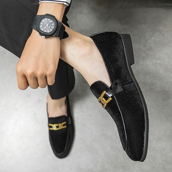 

men's luxury corduroy brogues leather shoes fashion metal buckle everyday business shoes loafers full sizes, Black