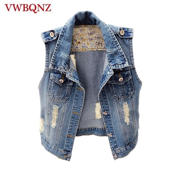 

women's vests single breasted women denim jacket vest short outerwear large size sleeveless slim hole jeans waistcoats casual 6xl 2209, Black;white