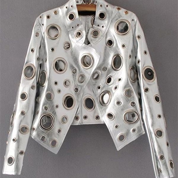

women's leather faux lautaro runway cut out short jacket golden rivet cool stylish designer clothes women european american fashion 220, Black