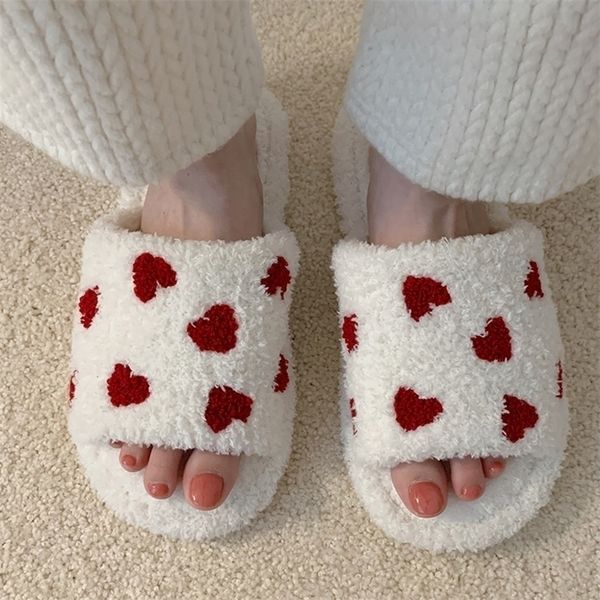 

slippers winter fuzzy house for women girls fur slides warm womens indoor cute heart print soft bedroom home shoes 220926, Black