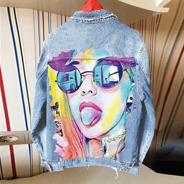 

autumn and winter new long-sleeved lapel single-breasted denim jacket playful girl print graffiti pattern, Black;brown