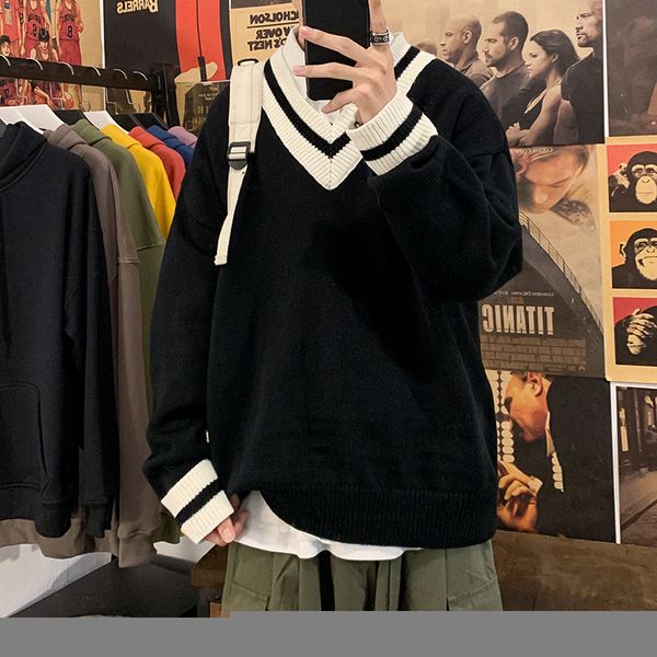 

men's sweaters men fashion pullover in warm cashmere knitting long sleeve knit vneck loose coats casual blackwhite woolen sweater m2xl, White;black