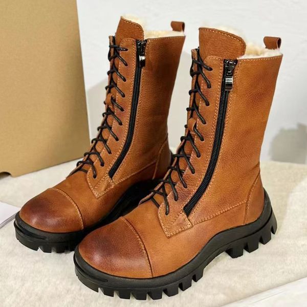 

winter cowhide ankle wool snow boots for women's shoes lace-up round toes casual fashion versatile short boot luxury designer martin bo, Black