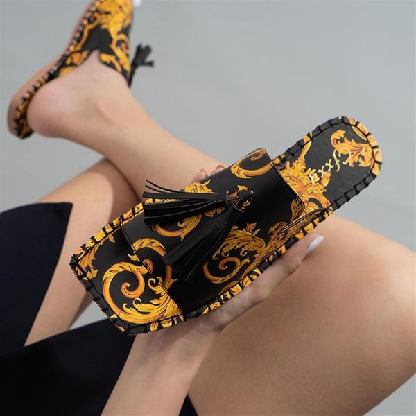 

luxury design women slippers retro gold printing pu leather flip flops square toe white indoor shoes women's shoes plus size 264i, Black