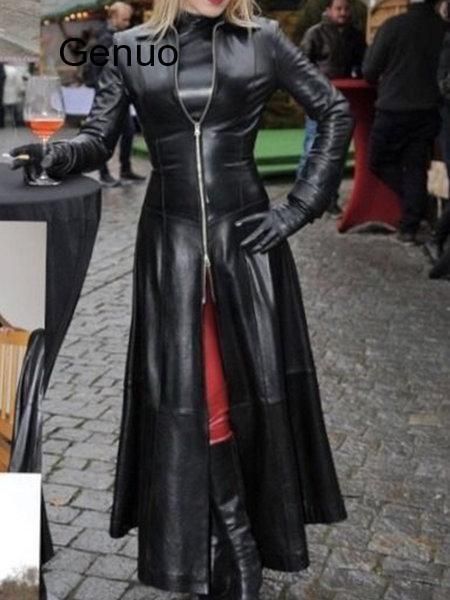 

women's leather faux leather women s jacket vintage faux leather coat long jacket large size fake trench autumn retro overcoat fashion, Black