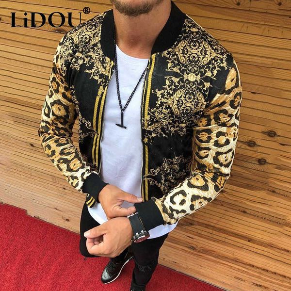 

men's jackets spring autumn new y2k print fashion casual jacket man long sleeve loose all-match coat male hip hop leopard round neck ho, Black;brown