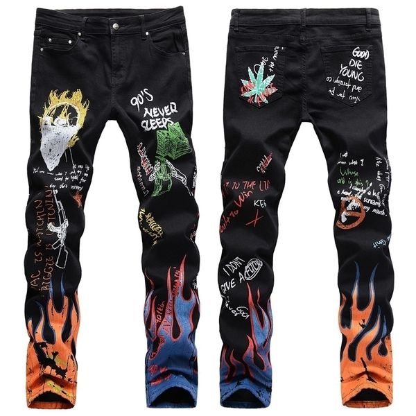 

men's jeans men letters flame printed patterned slim straight stretch fashionable graffiti punk rock streetwear hip hop pants 220927, Blue