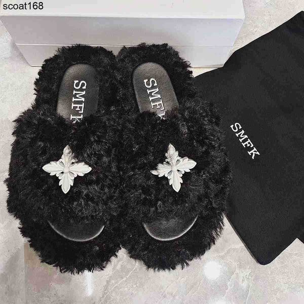 

slippers new smfk designer fashion brand shoes cross flower wool slipper women black thick soles comfortable flat bottoms