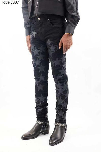 

dsigner men's jeans amirs fashion brand black stars sticking five pointed stars washing water used jeans men's, Blue