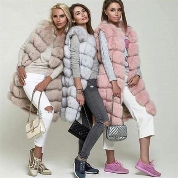

womens fur faux 90cm long natural fur vest coat women leather grass autumn and 220927, Black
