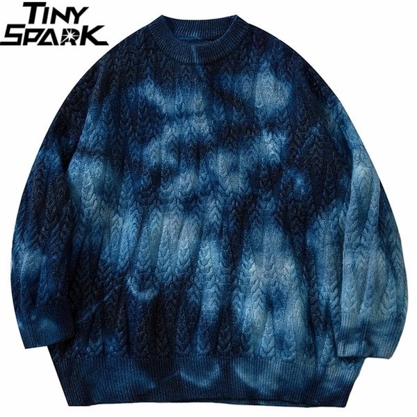 

men's sweaters hip hop knitted sweater streetwear tie dye sweater harajuku cotton casual pullover men autumn winter sweater blue brown, White;black