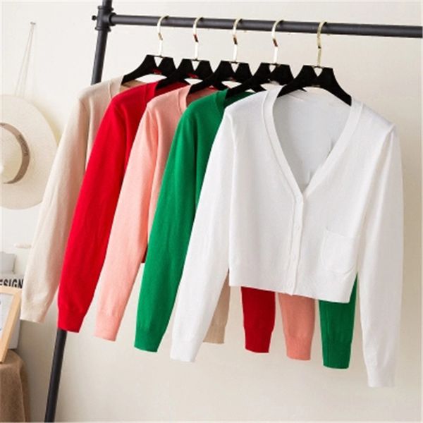 

women's knits tees ladies short cardigan v neck long sleeve cotton cropped cardigan sweaters thin coat feminino spring knitwear for wom, White