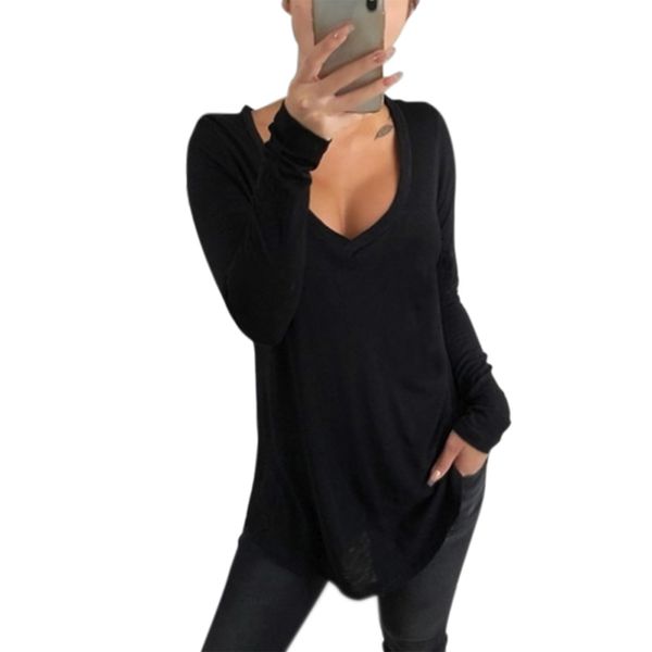 

women solid color v neck long sleeves loose t-shirts for spring new, White