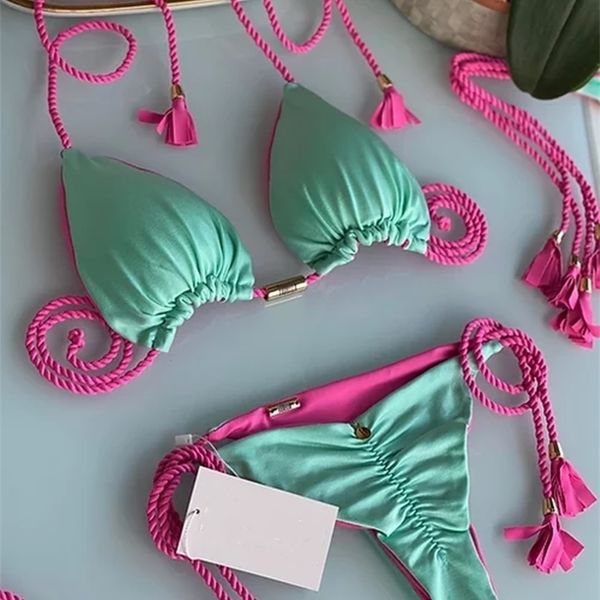 

other panties reversible bikinis set women summer beachwear thong braid bikini bathing suit 2 piece swimsuit woman double side swimwear 2209, Red;black