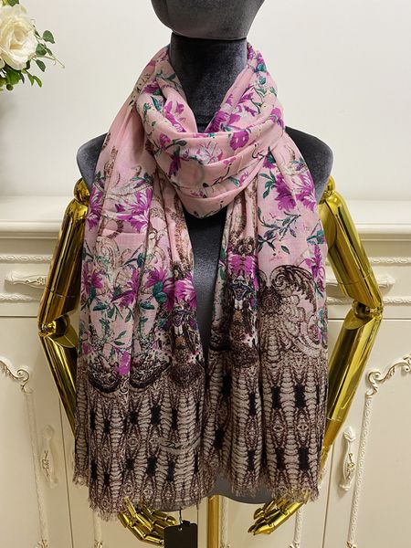 

women long scarf shawl 100% cashmere material thin and soft pink print flowers pattern size 190cm -100cm, Blue;gray
