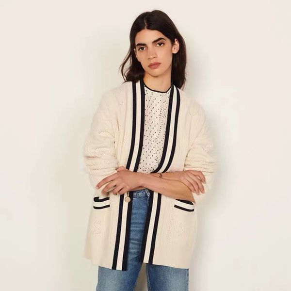 

women's knits tees paris french advanced love letter micro hollow jacquard loose sweater women's contrast color knitted cardigan s, White