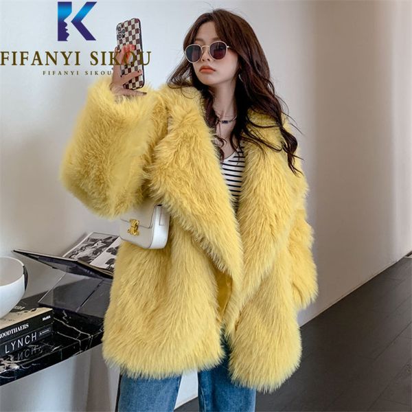 

womens fur faux winter coat women loose jacket luxury fashion lapel plush female thick warm overcoat 220927, Black
