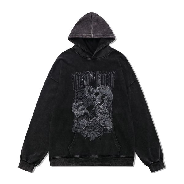 

men hip hop hoodies streetwear vintage skeleton skull devil print distressed washed hooded sweatshirts 2022 harajuku retro, Black