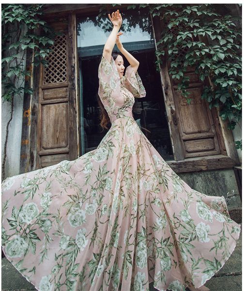 

summer romantic floral large hem romantic chiffon dress elegant female x-long socialite maxi casual dresses women, Black;gray