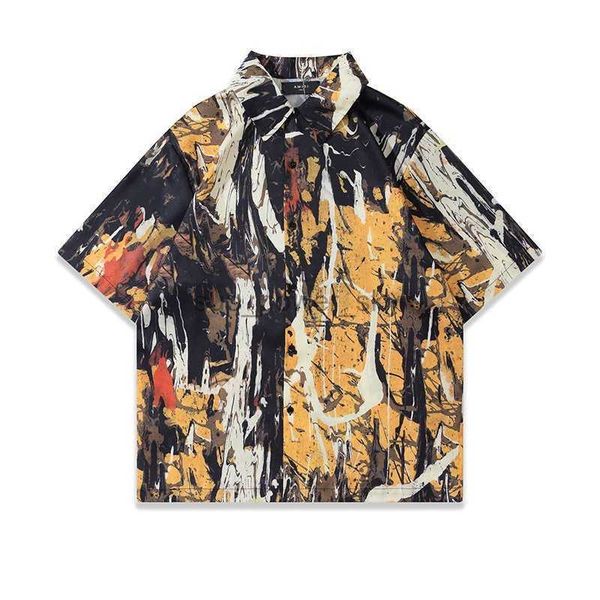 

mens casual shirts amirs designer fashion splash graffiti flamingo digital printing silk slip fabric short sleeve shirt, White;black