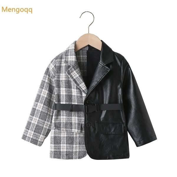 

jackets est fashion girls long sleeve plaid patchwork pu single-breasted coat children jacket kids baby leather outwear 2-7y 220928, Blue;gray