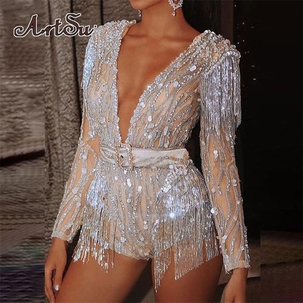 

women's jumpsuits rompers artsulady glitter sequin slim and women long sleeve v neck bodycon tassel club party playsui 220926, Black;white