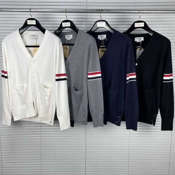 

new 2022 fashion tb thom brand sweaters men slim fit v-neck cardigans clothing striped wool cotton spring autumn casual coat, White;black