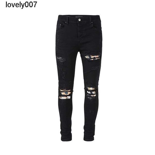 

dsigner men's jeans amirs new brand black cattle washing water broken hole old cashew flower color slim fit jeans men's, Blue