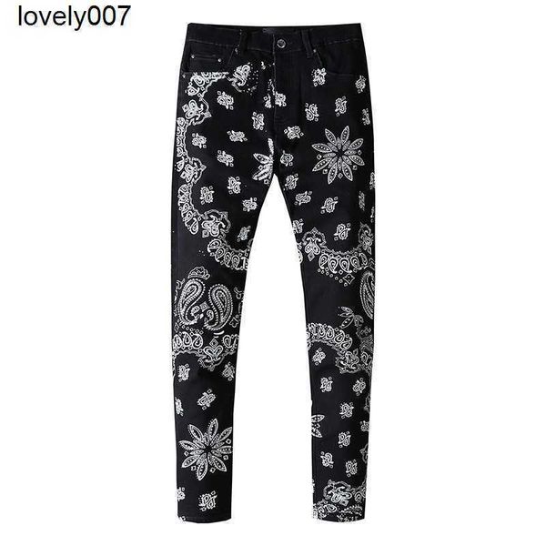 

designer men's amirs new cashew blossom pants print slim men's perforated black jeans casual pants, Blue