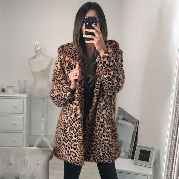 

women's fur faux leopard elegant coat women spring autumn warm soft jacket female printed overcoat casual hooded lady outerwear 5xl 220, Black