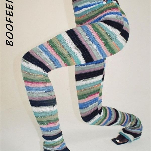 

women's pants capris boofeenaa colorful striped knitted stacked streetwear women hippie clothes fall long trousers c69-cb22 220926, Black;white