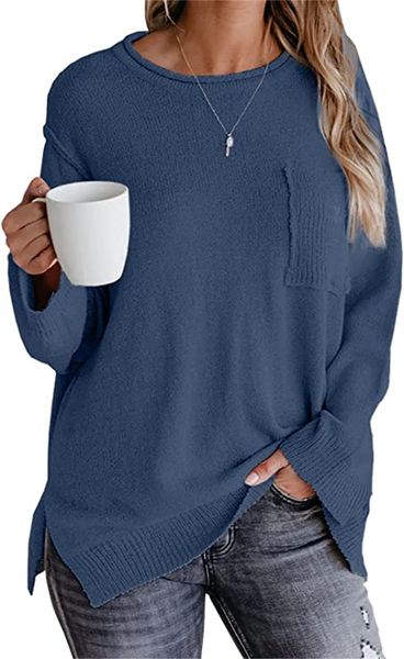 

women's t-shirt women's long sleeve oversized crew neck solid color knit pullover sweater, White