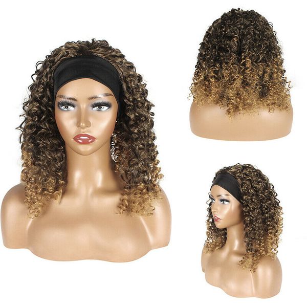 

short curly brown synthentic wig with headband heat resistant gluless wig, Black