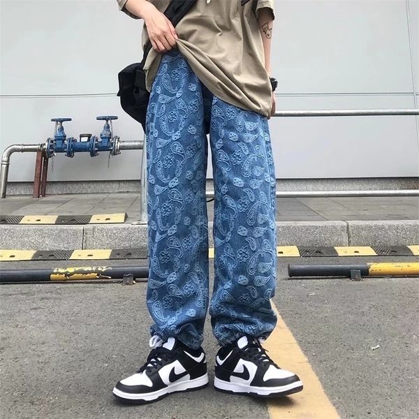

men's jeans cashew flower print trendy high street casual straight leg pants harajuku style fashion mopping trousers 220927, Blue
