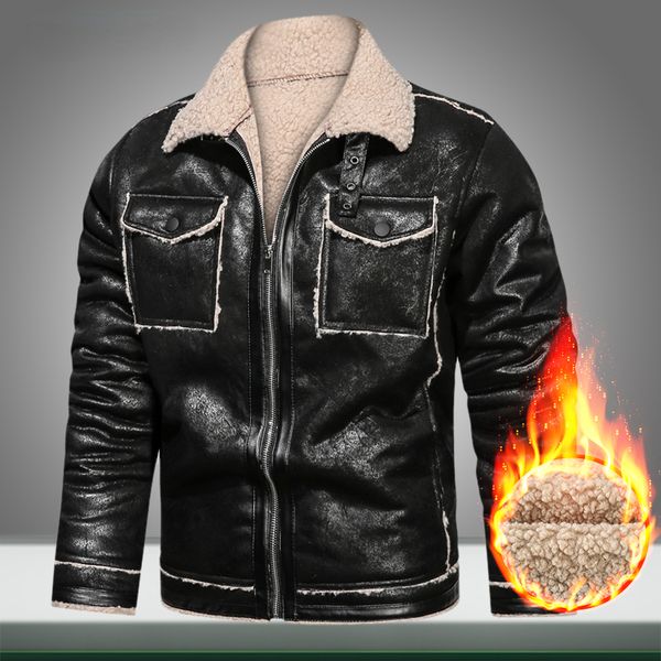 

winter warm leather jacket men casual motorcycle biker retro pu jackets 2022 new vintage male windbreaker overcoat multi-pocket, Black;brown