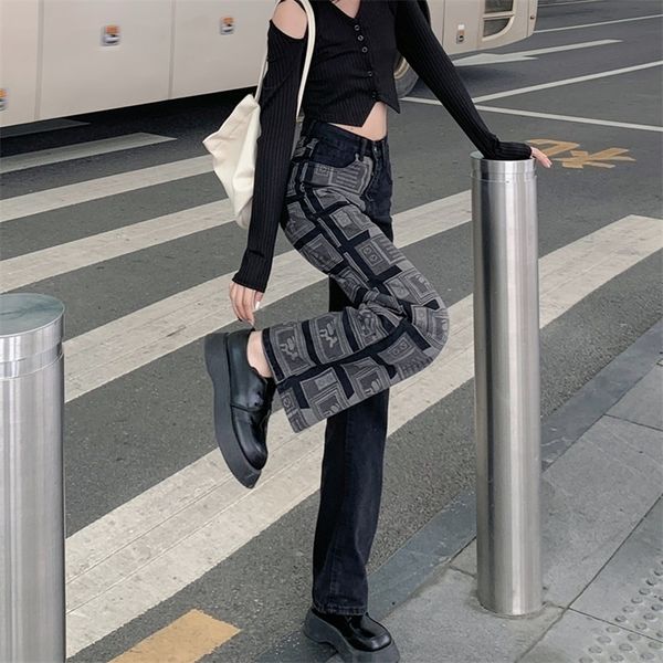 

women's jeans black high waist straight baggy harajuku patchwork streetwear printing korean fashion denim trouser wide leg pants 220926, Blue